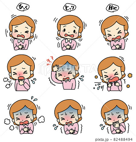 様々な症状のイラスト（しゃっくり・頭痛・嘔吐）。女性。 82488494