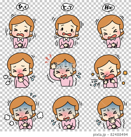 様々な症状のイラスト（しゃっくり・頭痛・嘔吐）。女性。 82488494