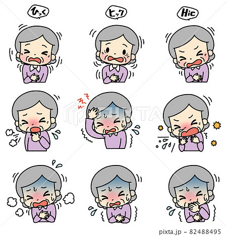 様々な症状のイラスト(しゃっくり・頭痛・嘔吐)。高齢者。 様々な症状のイラスト(しゃっくり・頭痛・嘔吐)。高齢者。 82488495