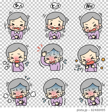 様々な症状のイラスト(しゃっくり・頭痛・嘔吐)。高齢者。 様々な症状のイラスト(しゃっくり・頭痛・嘔吐)。高齢者。 82488495