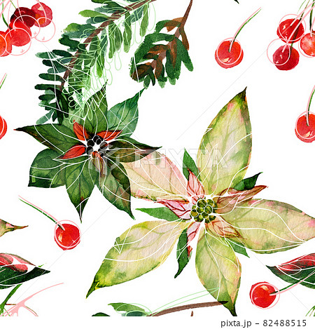 Christmas floral watercolor white seamless patternのイラスト素材 [82488515 ...
