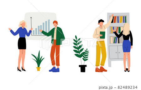 Man and Woman Office Worker Standing and Discussing Business Deal and Presentation Vector Set 82489234