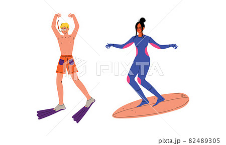 Young Man and Woman at Seaside with Snorkeling Mask and Surfboard Enjoying Hot Summer Vector Set 82489305