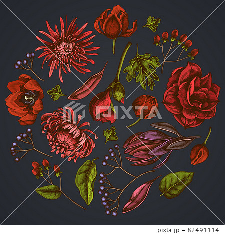 Round floral design on dark background with viburnum, hypericum, tulip, aster, leucadendron 82491114
