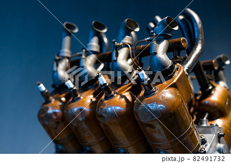 Close-up of a detail of a rare car engine. Metal mechanisms. Automotive industry 82491732