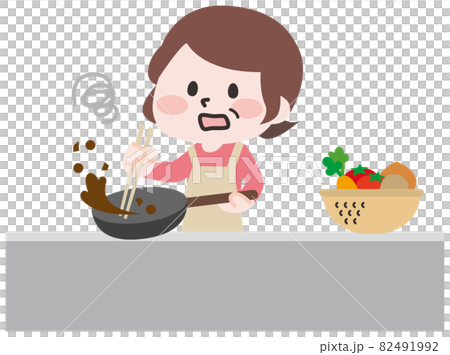 二頭身 料理を失敗するシニア女性のイラスト素材 二頭身 料理を失敗するシニア女性のイラスト素材
