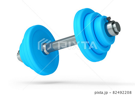 Metal dumbbell with blue disks isolated on white background 82492208