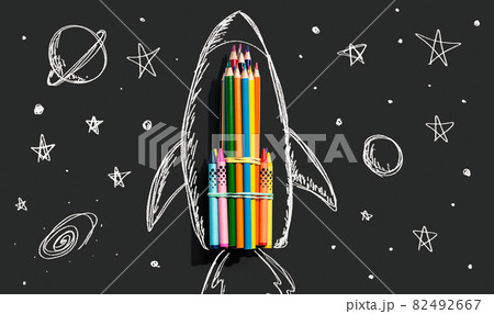 Back to school theme with hand drawn rocket and pencils 82492667