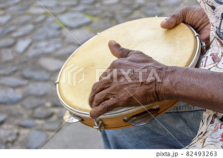 Brazilian samba performance with musician playing tambourine at Salvador, Bahia Brazilian samba performance with musician playing tambourine at Salvador, Bahia 82493263