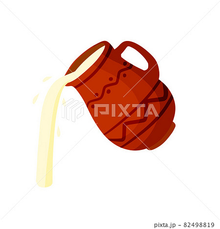 Clay pot. Earthenware jug pours milk. 82498819