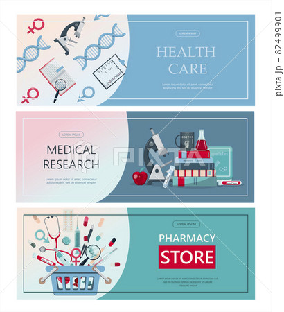 Vector medical banner. Pharmacy template for hospitals, advertising, pharmacies training. International health protection, insurance.Medicine and surgery.Vaccination, online health check up, medical 82499901