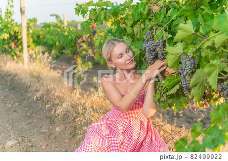 Girl in vineyard and mountains sky earth vineyard green, food country valley harvest beverage, barrel glass. Beautiful plant leaf, landscape Girl in vineyard and mountains sky earth vineyard green, food country valley harvest beverage, barrel glass. Beautiful plant leaf, landscape 82499922