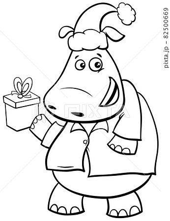 cartoon hippo on Christmas time coloring book page cartoon hippo on Christmas time coloring book page 82500669