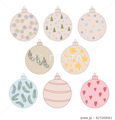 Christmas tree decor elements hand drawn in simple cartoon doodle style vector illustration for winter holidays seasonal greeting cards, invitations, banners, decor, stickers 82500681