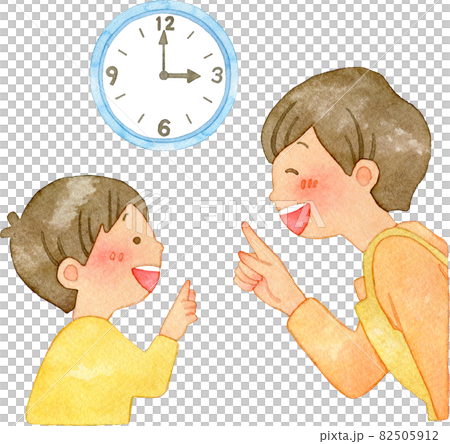 微笑的父母和孩子指著時鐘檢查時間的水彩插圖 微笑的父母和孩子指著時鐘檢查時間的水彩插圖 82505912