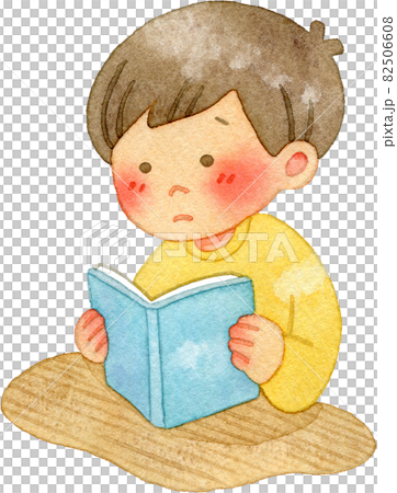 一個男孩帶著悲傷的臉讀一本書的水彩插圖 82506608