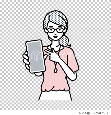 立ってスマートフォンを指差してこちらに向けて見せている教師の女性 82509824