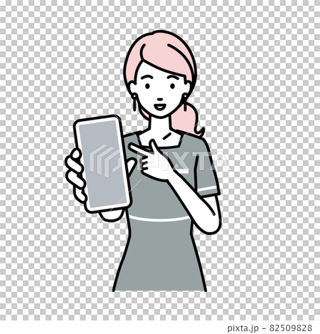 立ってスマートフォンを指差してこちらに向けて見せているエステ店員の女性 立ってスマートフォンを指差してこちらに向けて見せているエステ店員の女性 82509828