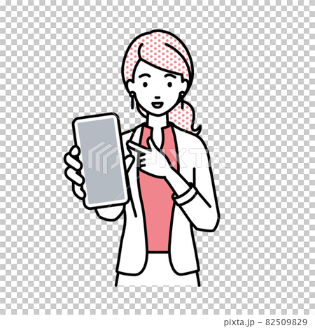 立ってスマートフォンを指差してこちらに向けて見せているジャケットの女性 82509829
