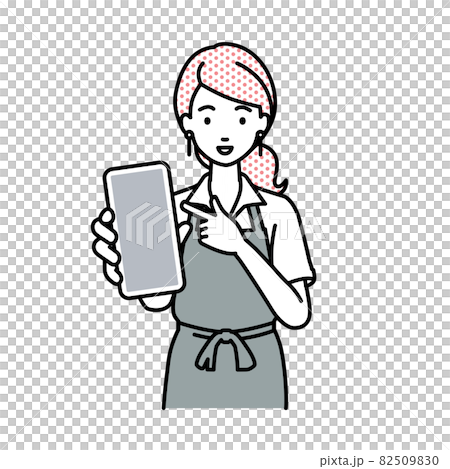 立ってスマートフォンを指差してこちらに向けて見せているカフェ店員の女性 82509830