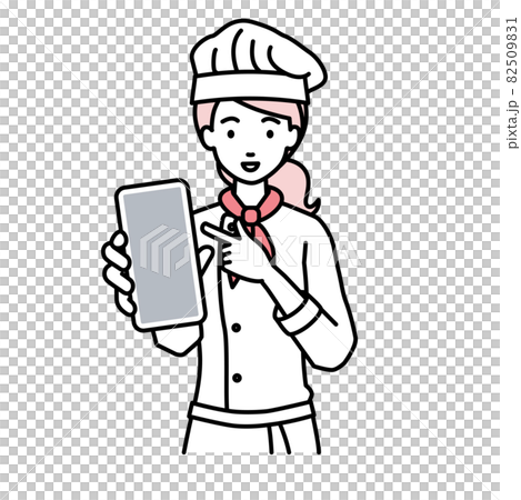 立ってスマートフォンを指差してこちらに向けて見せている調理師の女性 82509831