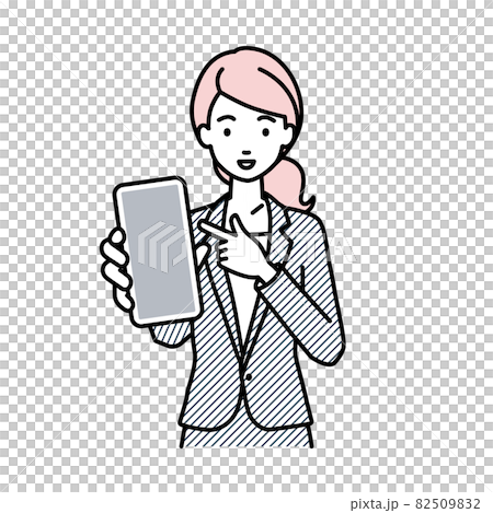 立ってスマートフォンを指差してこちらに向けて見せているスーツの女性 立ってスマートフォンを指差してこちらに向けて見せているスーツの女性 82509832