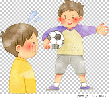 とおせんぼをしてサッカーの仲間外れにする男の子と戸惑う男の子の水彩イラスト 82510617