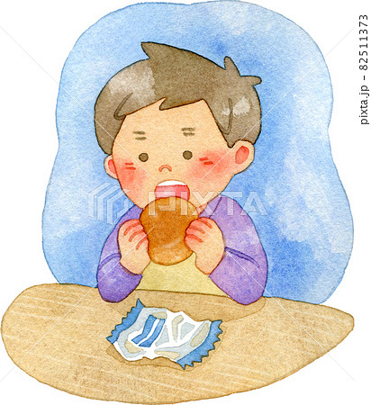 一人でさみしく菓子パンを食べる男の子の水彩イラスト 一人でさみしく菓子パンを食べる男の子の水彩イラスト 82511373