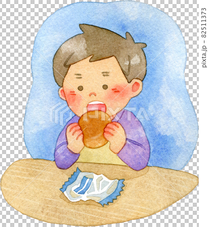 一個男孩獨自吃甜麵包的水彩插圖 82511373