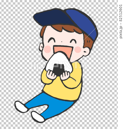 おにぎりを美味しそうに食べる男の子のイラストのイラスト素材