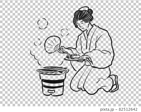Illustration of a female figure grilling matsutake mushrooms and saury with a Japanese painting touch shichirin 82512642