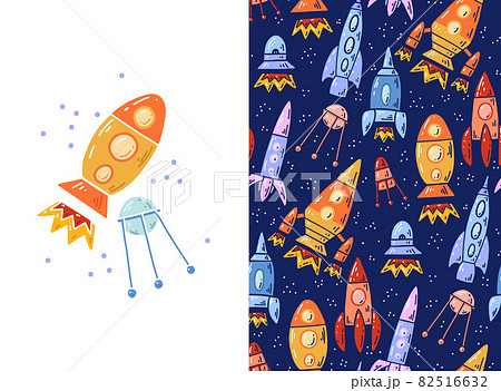 Set of card and pattern with cartoon contour space ships and satellite. Outline technological ships. Vector childish postcard and texture Set of card and pattern with cartoon contour space ships and satellite. Outline technological ships. Vector childish postcard and texture 82516632