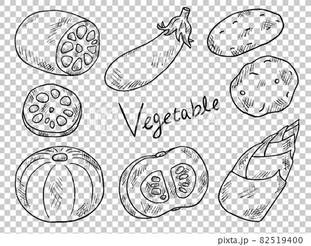 秋野菜や根菜の白黒手書きイラストイメージのイラスト素材