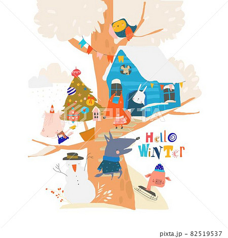 Happy Cartoon Animals meeting Christmas on Treehouse Happy Cartoon Animals meeting Christmas on Treehouse 82519537