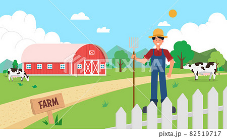 Agriculture farm landascape with farmer and animal vector illustration.Farm field with barn, hay, cow , farmer boy and nature view.white fence and man farm character on meadow with road 82519717