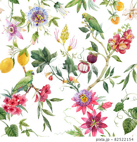 Beautiful seamless tropical floral pattern with hand drawn watercolor exotic jungle flowers. Stock illustration. Beautiful seamless tropical floral pattern with hand drawn watercolor exotic jungle flowers. Stock illustration. 82522154