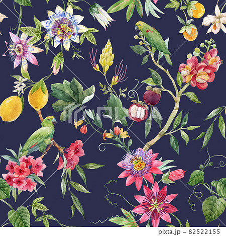 Beautiful seamless tropical floral pattern with hand drawn watercolor exotic jungle flowers. Stock illustration. Beautiful seamless tropical floral pattern with hand drawn watercolor exotic jungle flowers. Stock illustration. 82522155