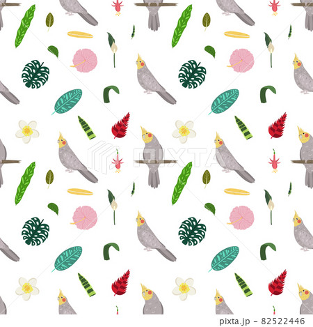Seamless pattern with parrots cockatiel sit on stick, tropical leaves and flowers. Cute baby print for fabric and textile. 82522446