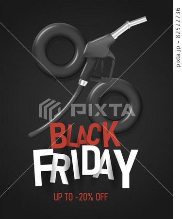 Black Friday advertising banner with big percent sign made of weels and gas gun with volume typography 82522736