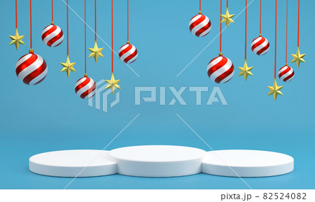 white podium for display.Christmas ball and golden stars at Christmas festival on a white background. 82524082
