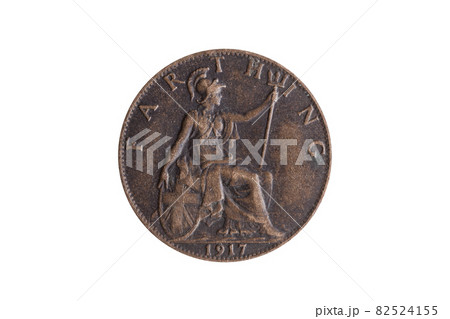 Old pre decimal 1917 George V farthing coin of England UK reverse Britannia cut out and isolated Old pre decimal 1917 George V farthing coin of England UK reverse Britannia cut out and isolated 82524155