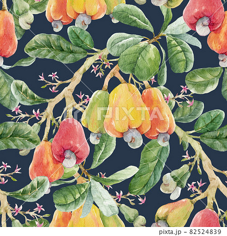 Beautiful seamless pattern with watercolor hand drawn branches with colorful cashew nuts small flowers and green leaves. Stock illustration. Beautiful seamless pattern with watercolor hand drawn branches with colorful cashew nuts small flowers and green leaves. Stock illustration. 82524839