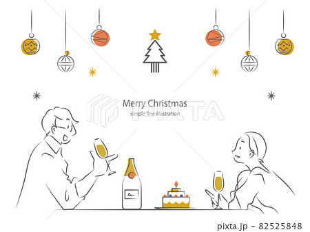 クリスマスをケーキとシャンパンでお祝いするカップルのシンプルでお洒落な線画イラストのイラスト素材