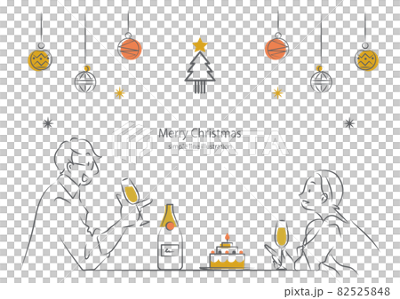 クリスマスをケーキとシャンパンでお祝いするカップルのシンプルでお洒落な線画イラスト クリスマスをケーキとシャンパンでお祝いするカップルのシンプルでお洒落な線画イラスト 82525848