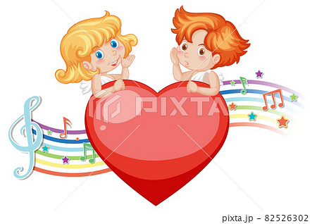 Couple of cupid angel character with melody symbols on rainbow Couple of cupid angel character with melody symbols on rainbow 82526302