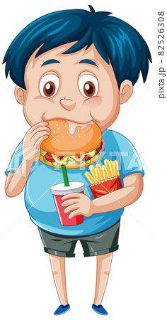 A boy eating fastfood on a white background 82526308