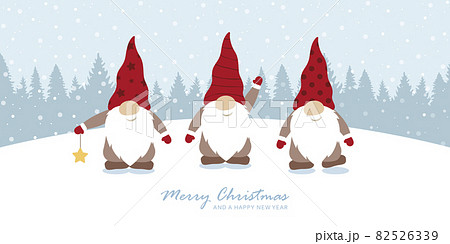 christmas greeting card with cute christmas dwarf and snowy landscape 82526339