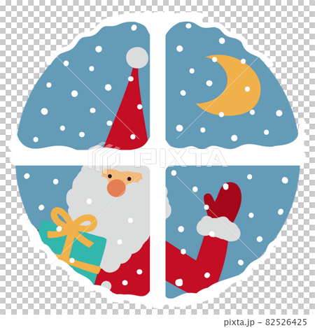 Illustration of Santa Claus Santa looking into the house through a round window with a present on a snowy night Illustration of Santa Claus Santa looking into the house through a round window with a present on a snowy night 82526425