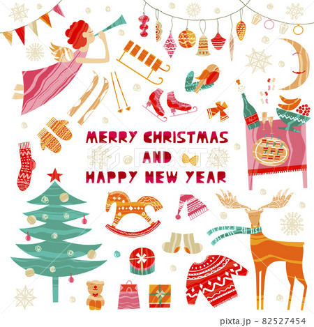 Collection of Christmas and New Year elements. Vector flat design with texture Collection of Christmas and New Year elements. Vector flat design with texture 82527454