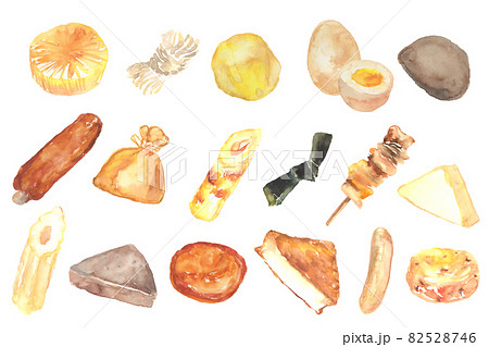 水彩で描いた色々なおでんの具のセット 82528746